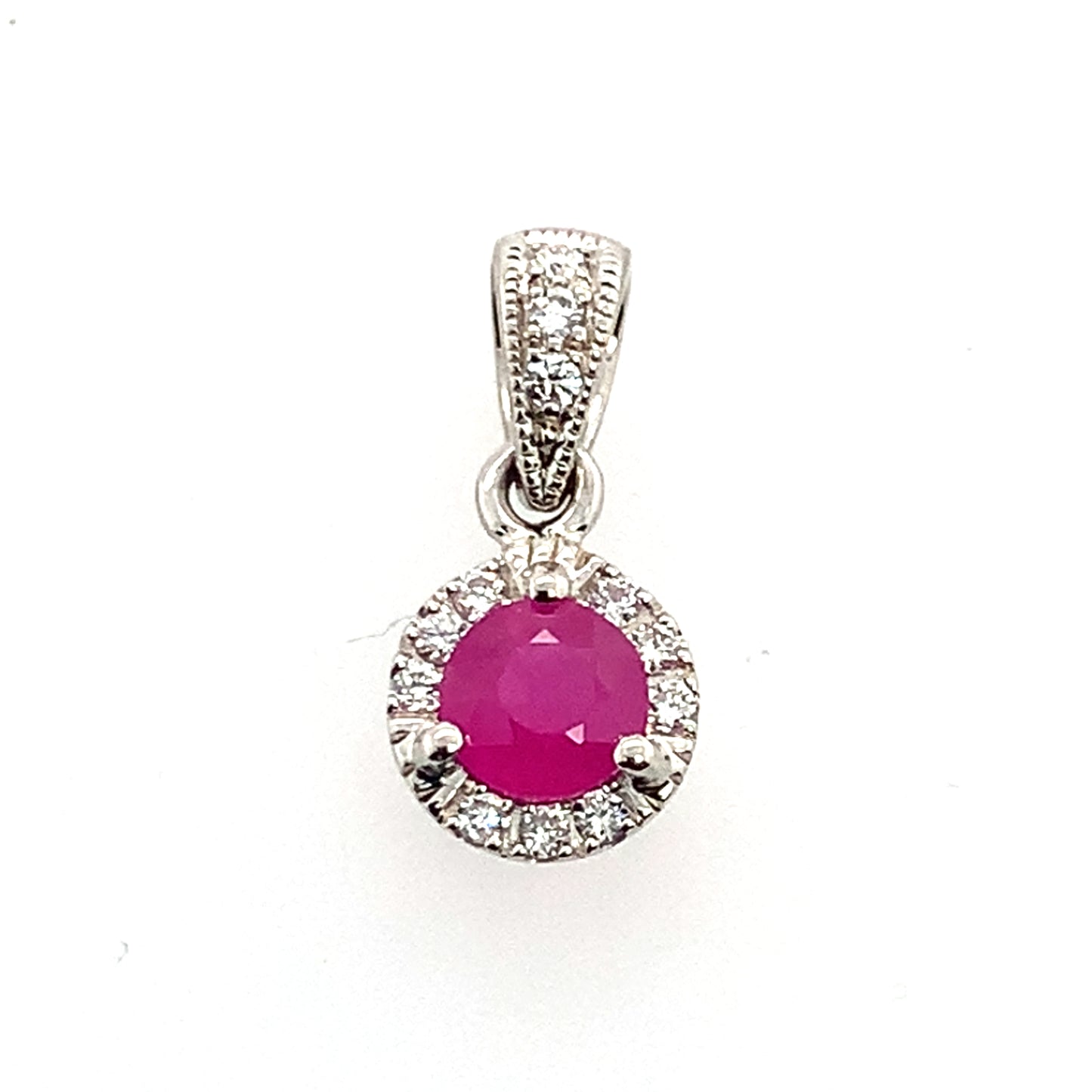 14K White Gold Ruby And Diamond Halo Pendant