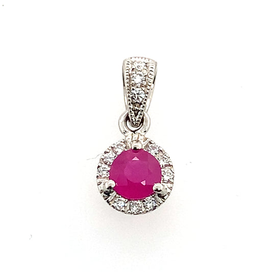14K White Gold Ruby And Diamond Halo Pendant
