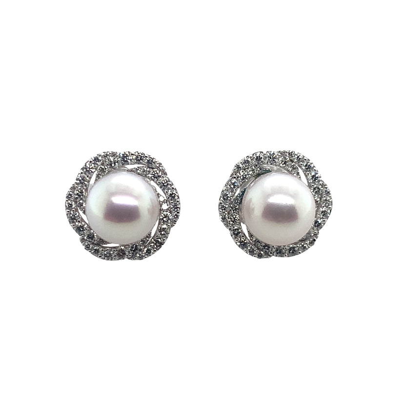 Rolland's Design 14K White Akoya Pearl And Diamond Floral Twist Halo Earrings