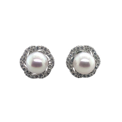 Rolland's Design 14K White Akoya Pearl And Diamond Floral Twist Halo Earrings
