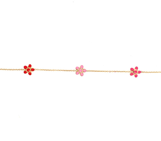 14K Yellow Gold Pink And Red Flower Children's Bracelet