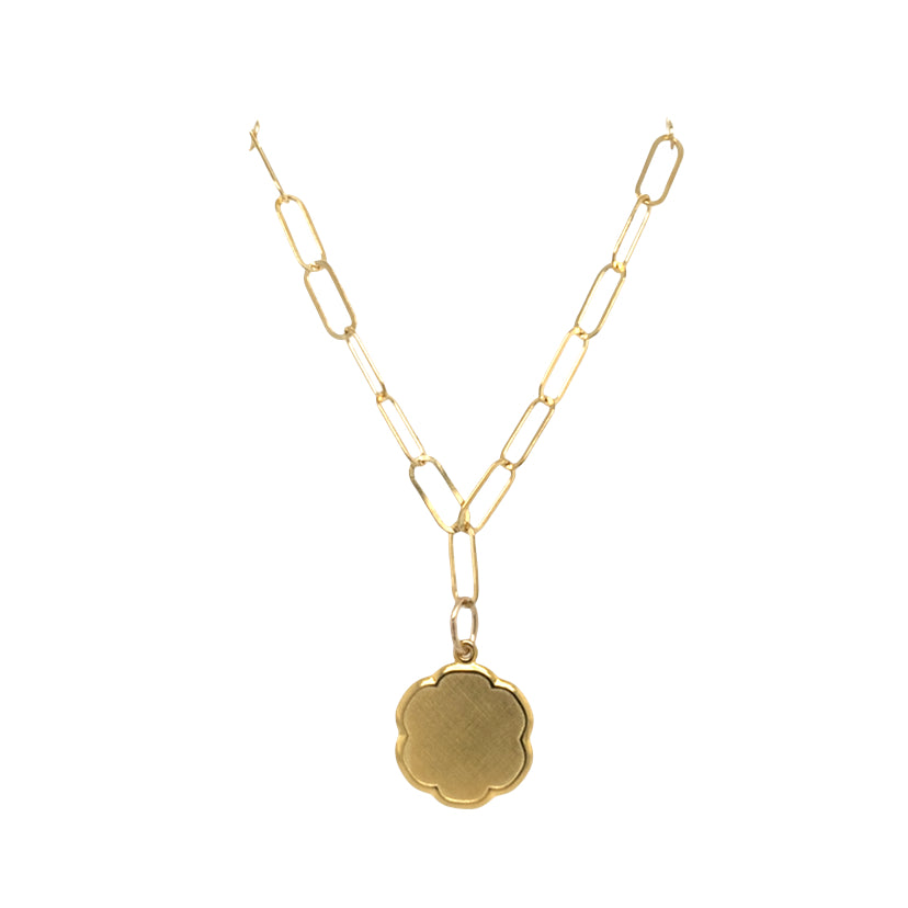 Yellow Gold Plated Paperclip Necklace Engraveable Scalloped Disc Charm