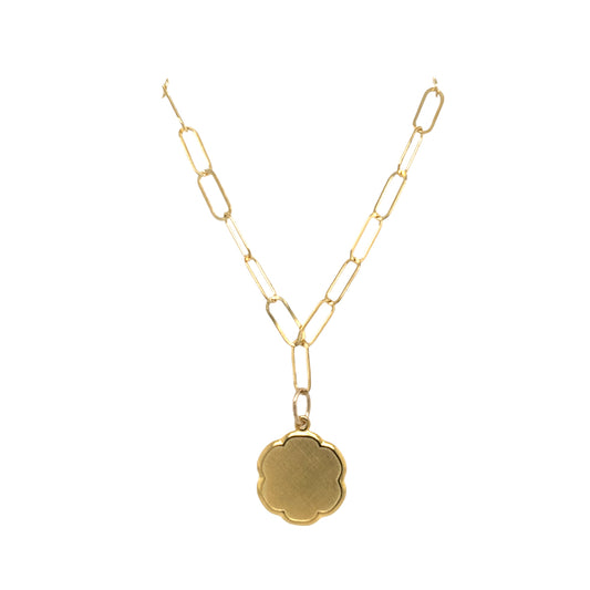 Yellow Gold Plated Paperclip Necklace Engraveable Scalloped Disc Charm