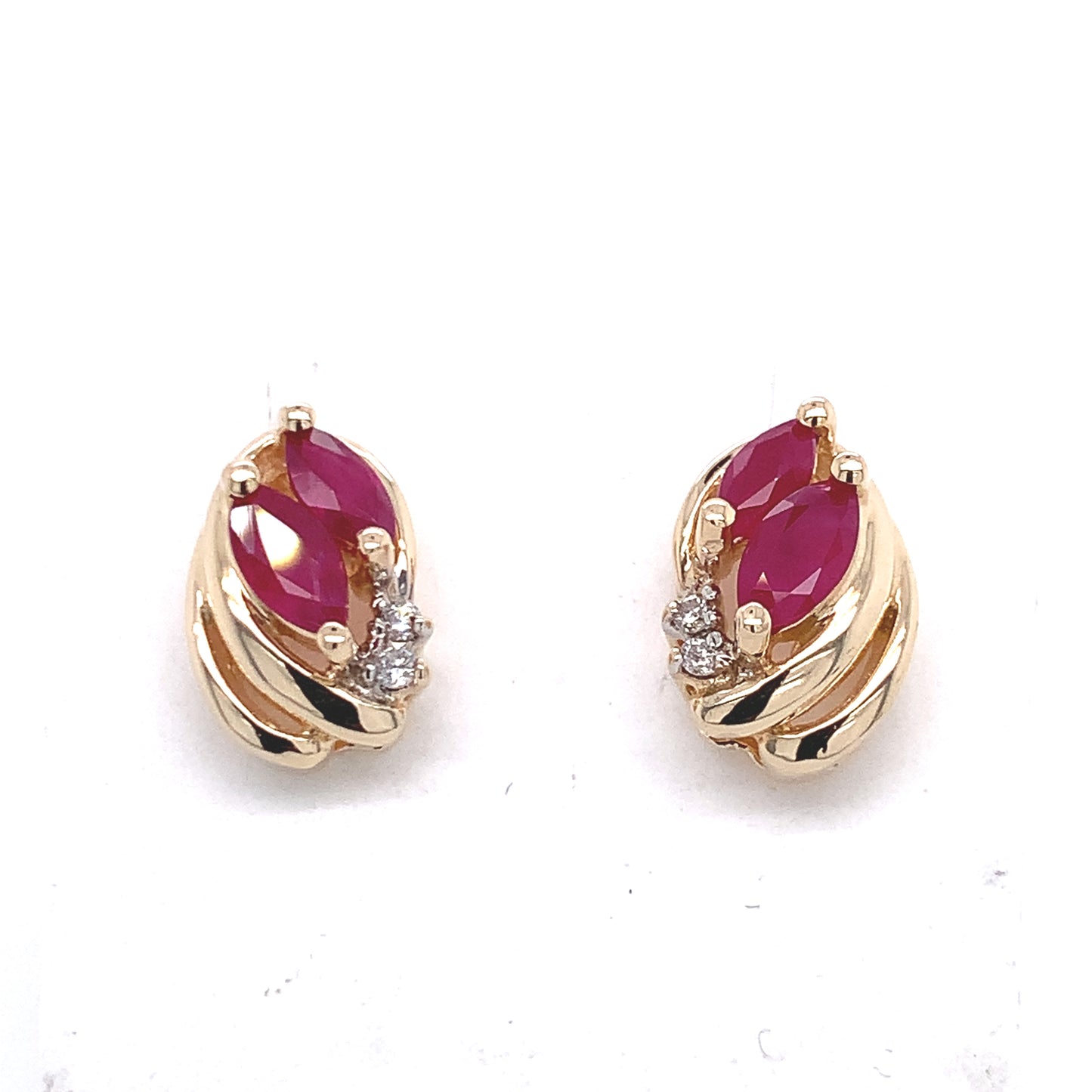 Estate 14K Gold Marquise Ruby & Diamond Earrings