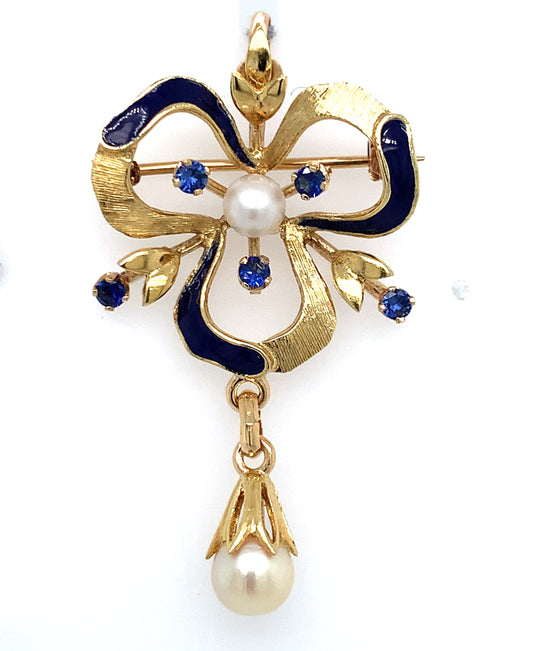 Estate 18K Gold Pearl & Blue Stone Brooch