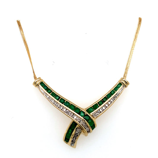 Estate 14K Gold Emerald & Diamond Necklace