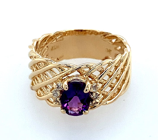 Estate 14K Gold Amethyst & Diamond Ring