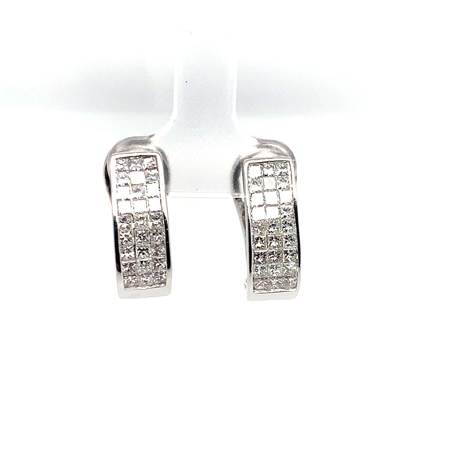 Estate18K White Gold  Princess Cut Invisible Set Diamond Omega Back Earrings