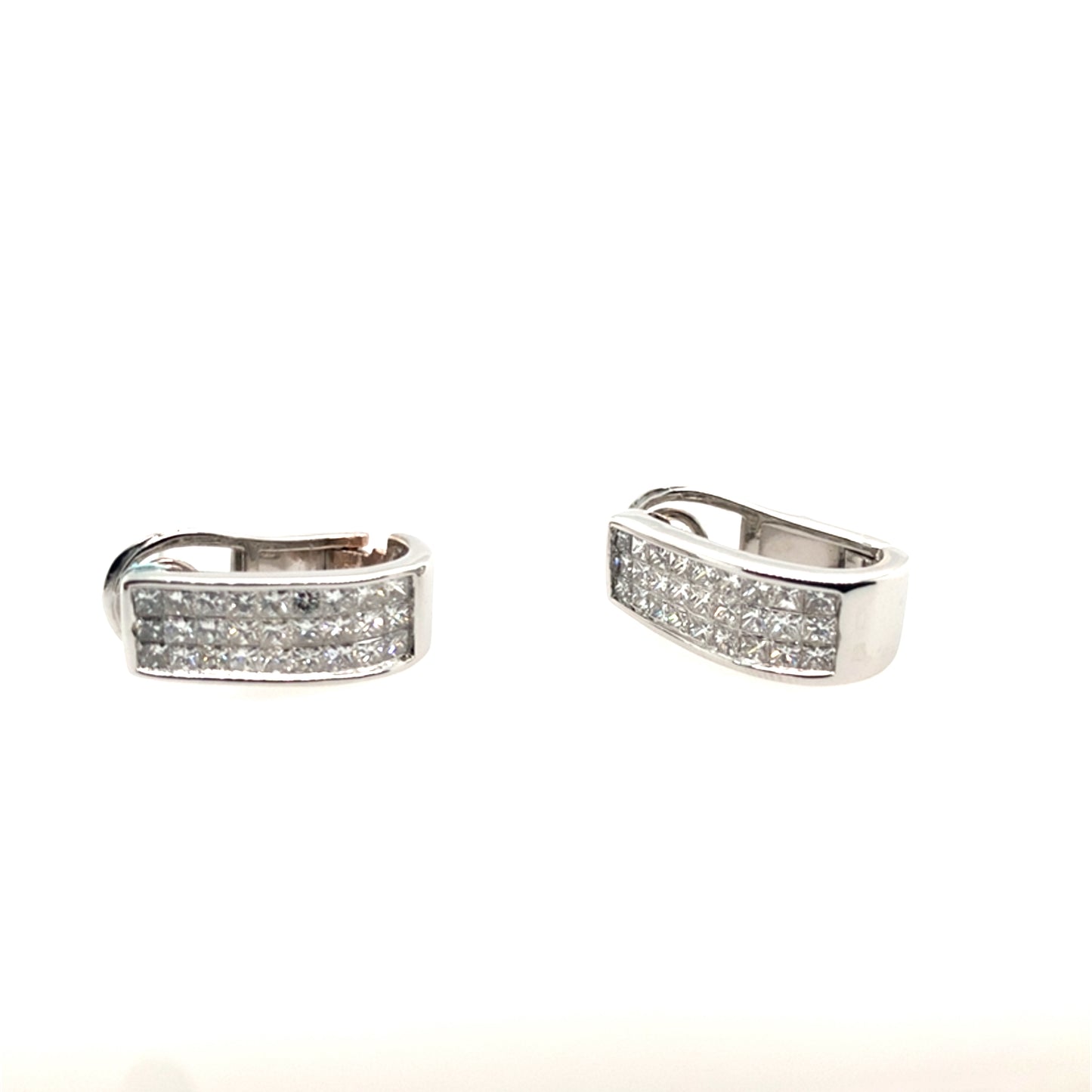 Estate18K White Gold  Princess Cut Invisible Set Diamond Omega Back Earrings
