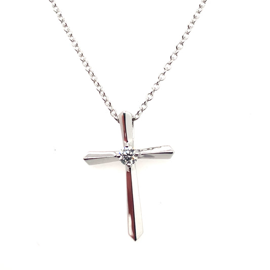 Estate Hearts On Fire 18K White Gold Single Diamond Cross Pendant Necklace