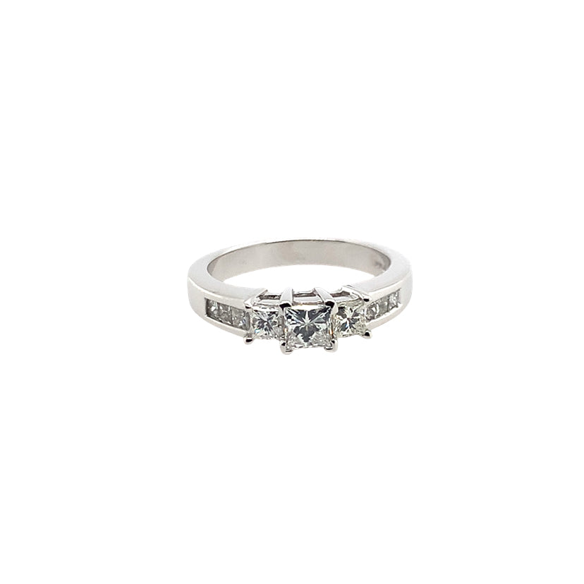 Estate 14K White Gold Diamond 3 Stone Princess Cut Channel Ring
