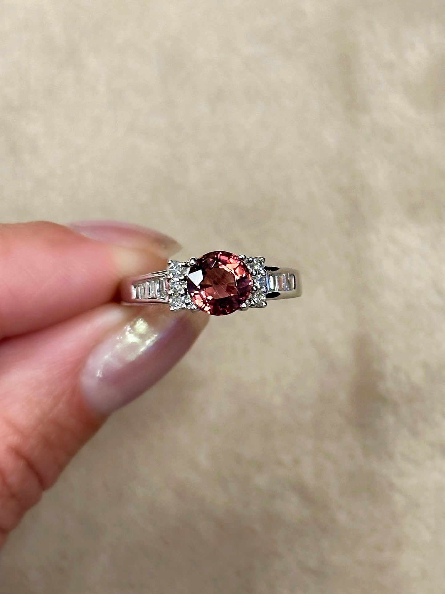 Estate 14K White Gold Round Pink Stone Ring
