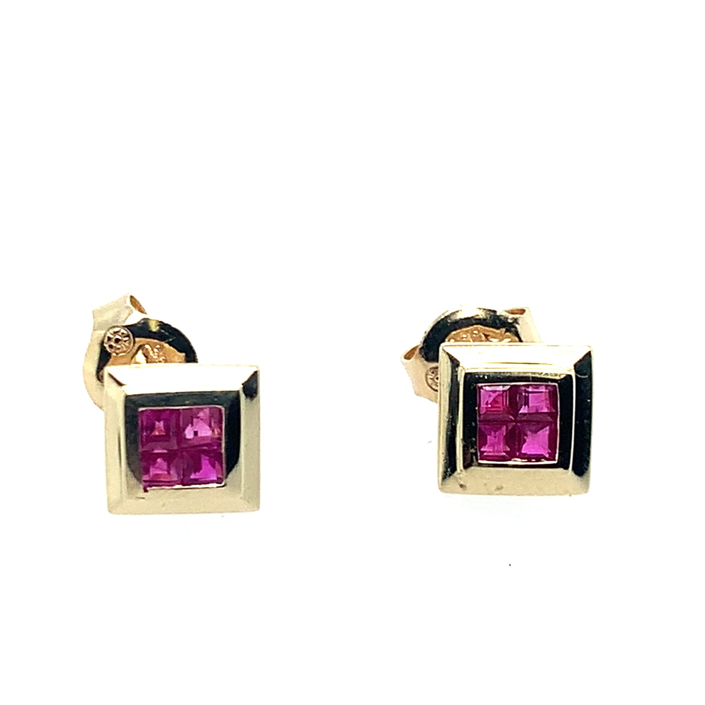 Estate 14K Yellow Gold Muti-Ruby Square Stud Earrings