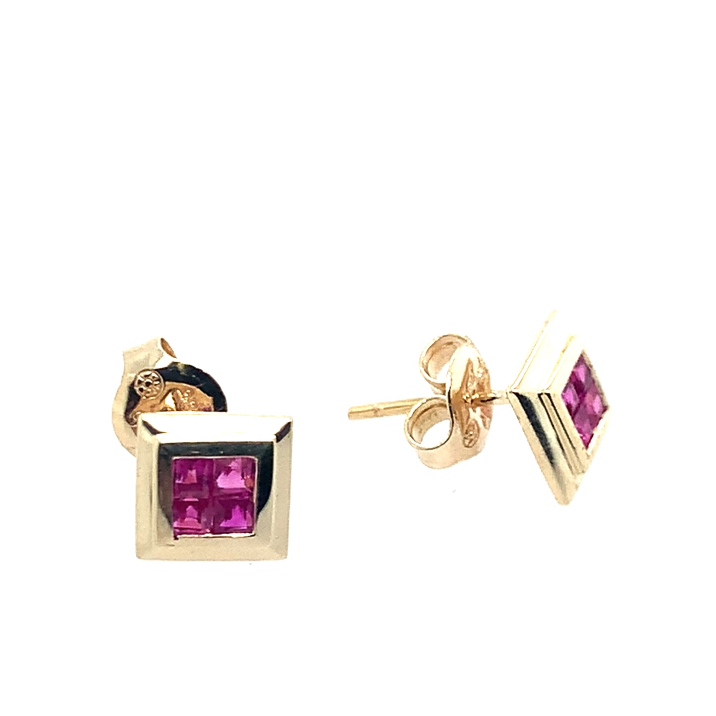 Estate 14K Yellow Gold Muti-Ruby Square Stud Earrings