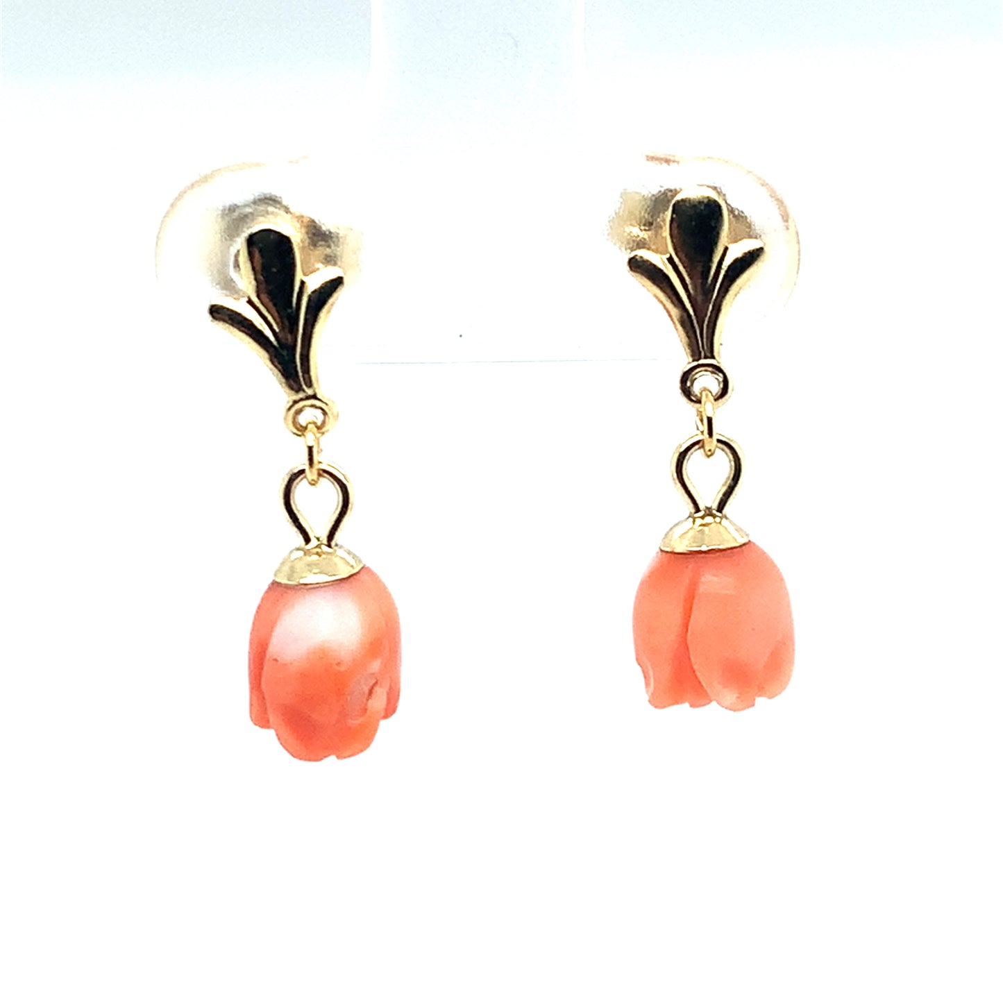 Estate 14K Yellow Gold Peach And White Coral Flower Dangle Earrings