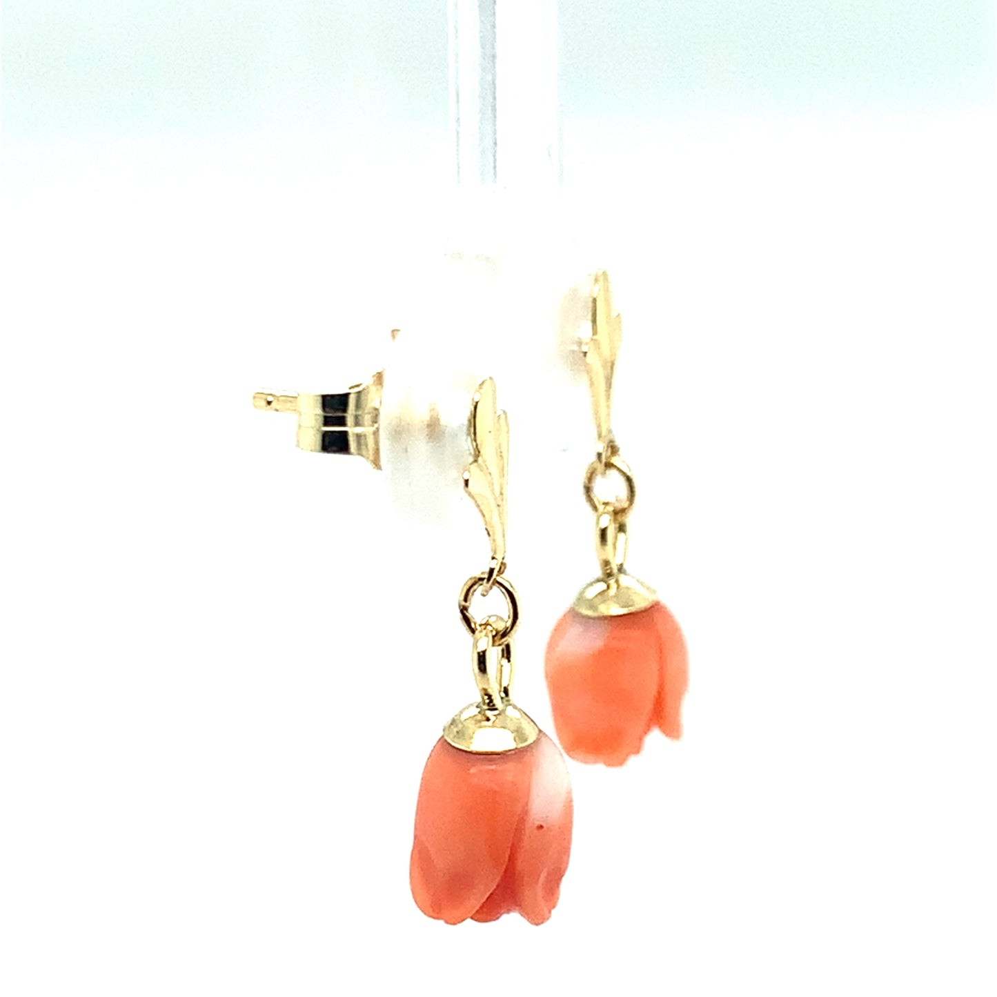 Estate 14K Yellow Gold Peach And White Coral Flower Dangle Earrings