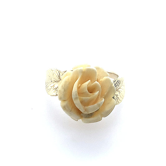 Estate 14K Yellow Gold Carved Cream Rose Ring With Gold Foliage Sides