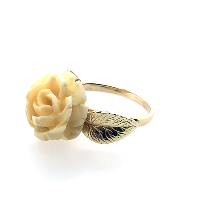 Estate 14K Yellow Gold Carved Cream Rose Ring With Gold Foliage Sides