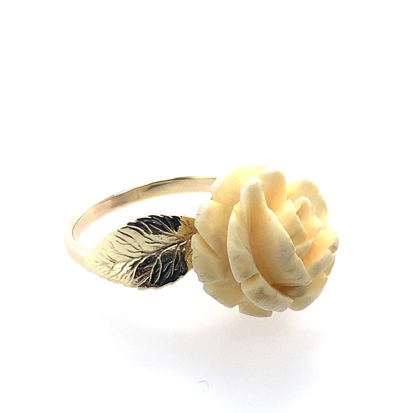Estate 14K Yellow Gold Carved Cream Rose Ring With Gold Foliage Sides