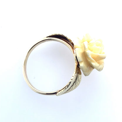 Estate 14K Yellow Gold Carved Cream Rose Ring With Gold Foliage Sides