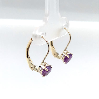 Estate 10K Yellow Gold Heart Shaped Ameythst Lever Back Earrings