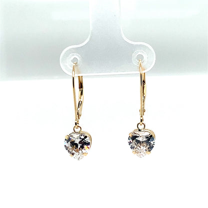Estate 10K Yellow Gold Heart Shaped CZ Lever Back Earrings