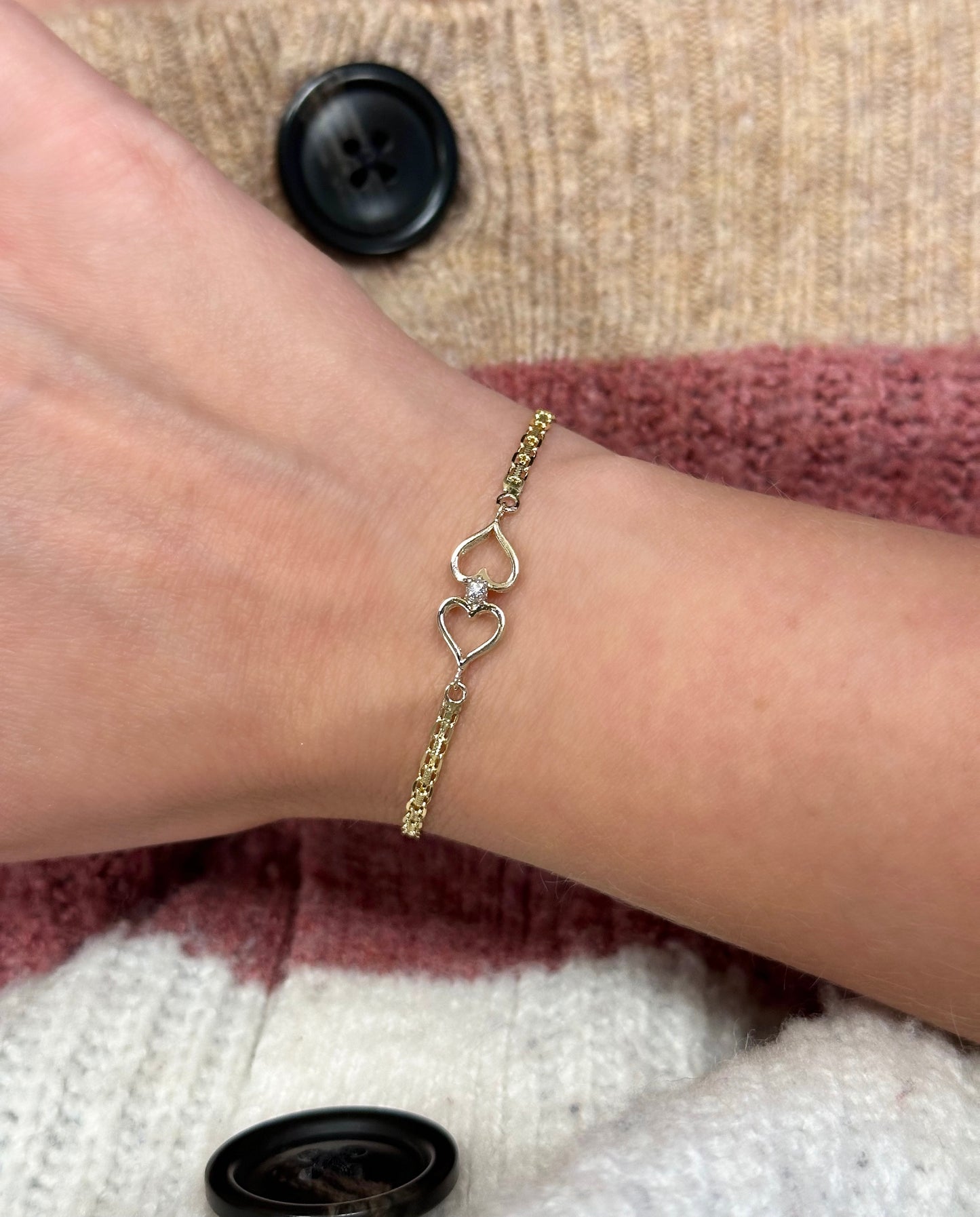 Estate 14K Yellow Gold Diamond Double Heart Bracelet