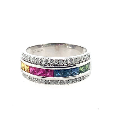 14K White Gold Rainbow Sapphire & Diamond Fashion Band **Final Sale No Warranty**
