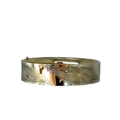 Estate 14K Yellow Gold Wide Bangle Bracelet W/ Diamond Cut Design