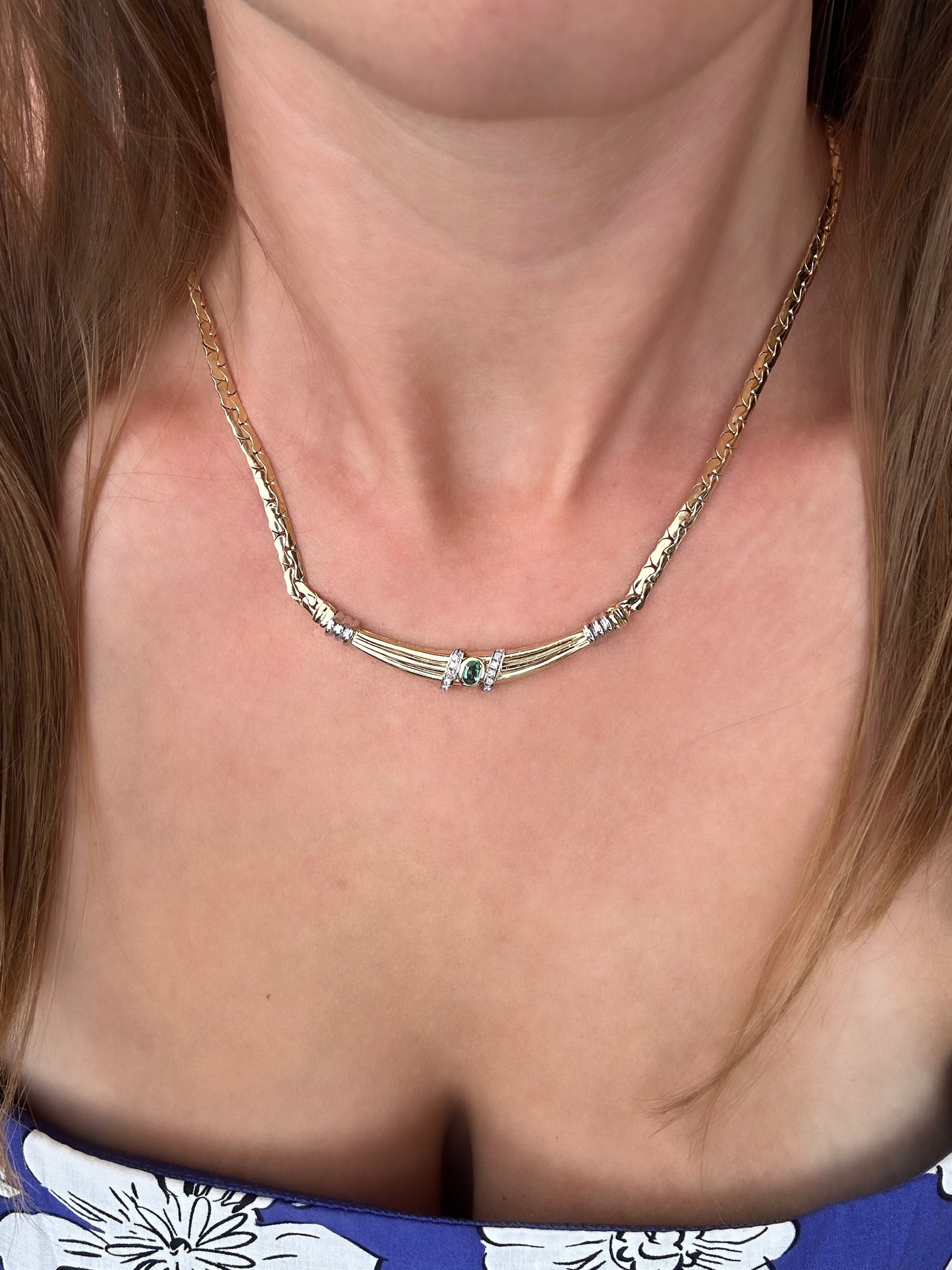 Estate 18K Gold Emerald & Diamond Necklace