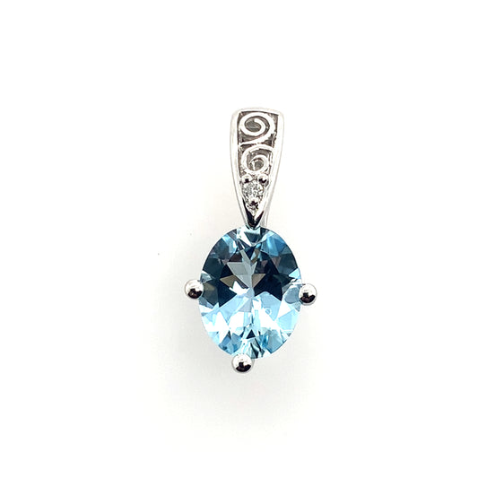 14K Whtie Gold Aqua And Diamond Pendant **Final Sale No Warranty**
