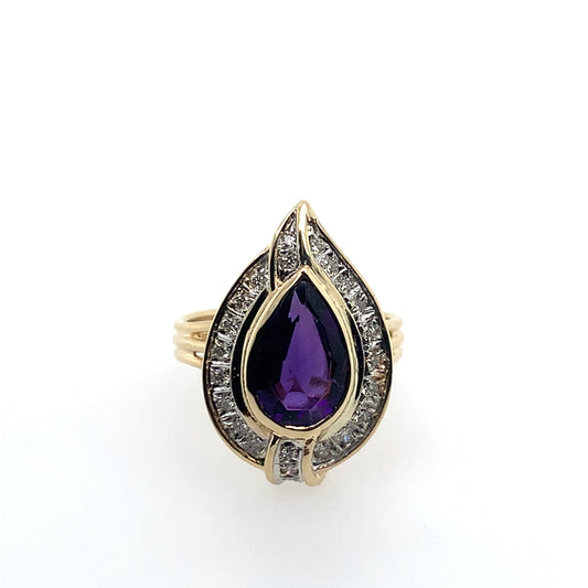 Estate 14K Yellow Gold Amethyst & Diamond Halo Ring