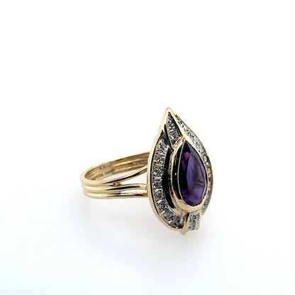 Estate 14K Yellow Gold Amethyst & Diamond Halo Ring