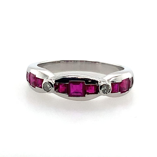 Estate 14K White Gold Princess Cut Ruby And Diamond Fashion Band