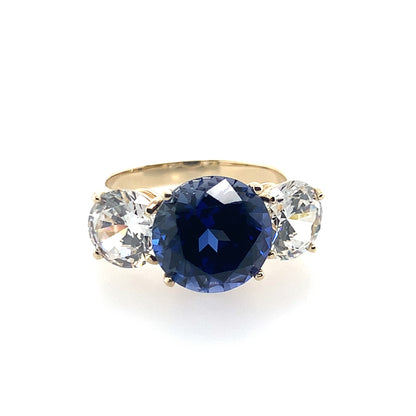 14K Yellow 3-Stone CZ And Blue Stone Fashion Ring **Final Sale No Warranty**
