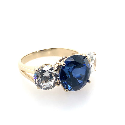 14K Yellow 3-Stone CZ And Blue Stone Fashion Ring **Final Sale No Warranty**