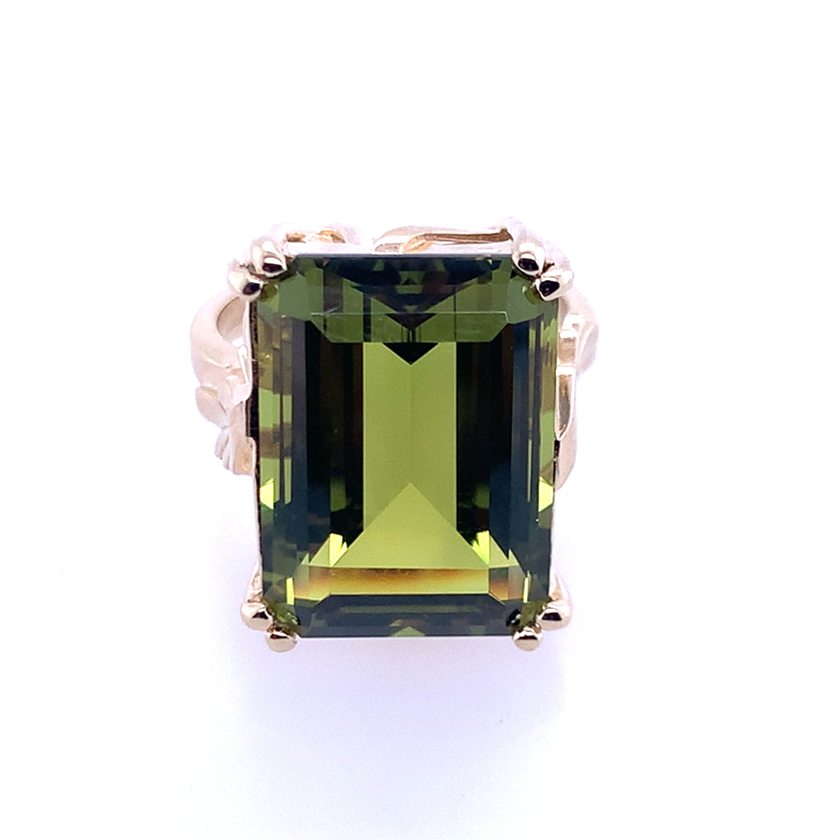 Estate 14K Yellow Gold Vintage Filigree Emerald Cut Imitation Peridot Ring **Final Sale No Warranty**