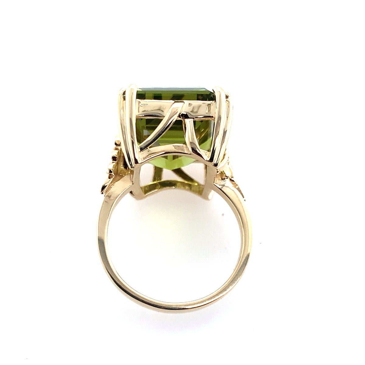 Estate 14K Yellow Gold Vintage Filigree Emerald Cut Imitation Peridot Ring **Final Sale No Warranty**