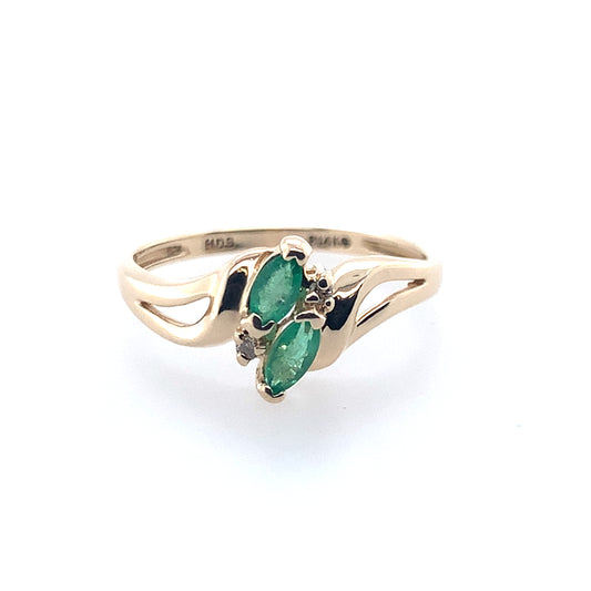 14K Yellow Gold Marquise Emerald And Dimaond Ring **Final Sale No Warranty**