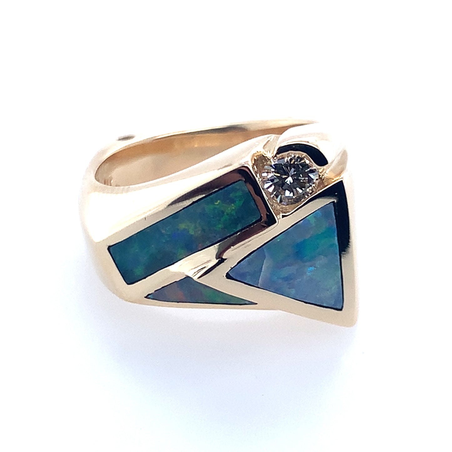 14K Yellow Gold Geometric Opal And Whtie Stone Ring With Euroshank **Final Sale As Is, No Warranty**