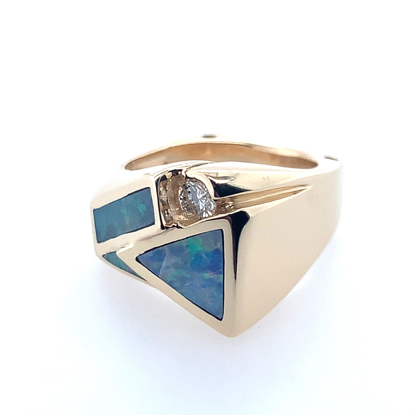 14K Yellow Gold Geometric Opal And Whtie Stone Ring With Euroshank **Final Sale As Is, No Warranty**