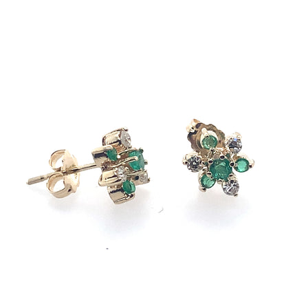 Estate 14K Yellow Gold Emerald And Diamond Earrings **Final Sale No Warranty**