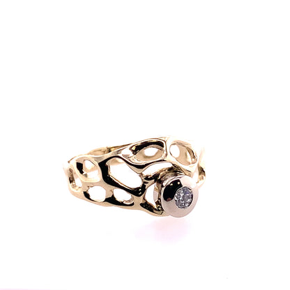 Estate 14K Yellow Gold Bezel Set Diamond Openwork Lace Fashion Ring **Final Sale No Warranty**