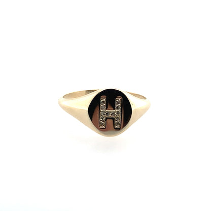 Estate 14K Yellow Gold Dimond "H" Mini Signet Ring **Final Sale No Warranty**