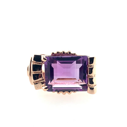 14K Rose Gold Emerald Cut Amethyst Ring With Retro Scroll Motiff Head **Final Sale No Warranty**