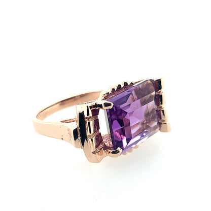 14K Rose Gold Emerald Cut Amethyst Ring With Retro Scroll Motiff Head **Final Sale No Warranty**