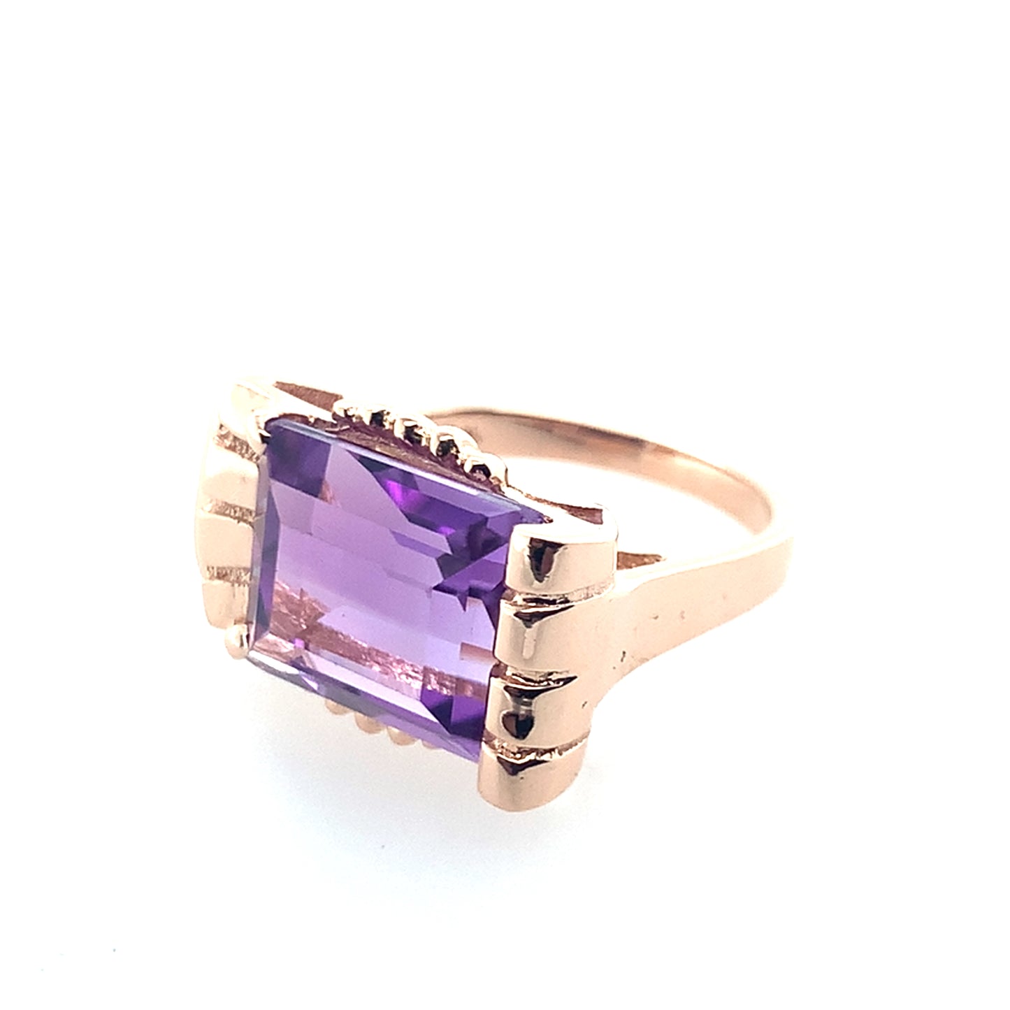14K Rose Gold Emerald Cut Amethyst Ring With Retro Scroll Motiff Head **Final Sale No Warranty**