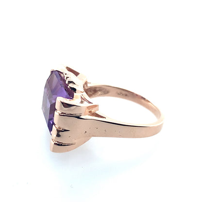 14K Rose Gold Emerald Cut Amethyst Ring With Retro Scroll Motiff Head **Final Sale No Warranty**