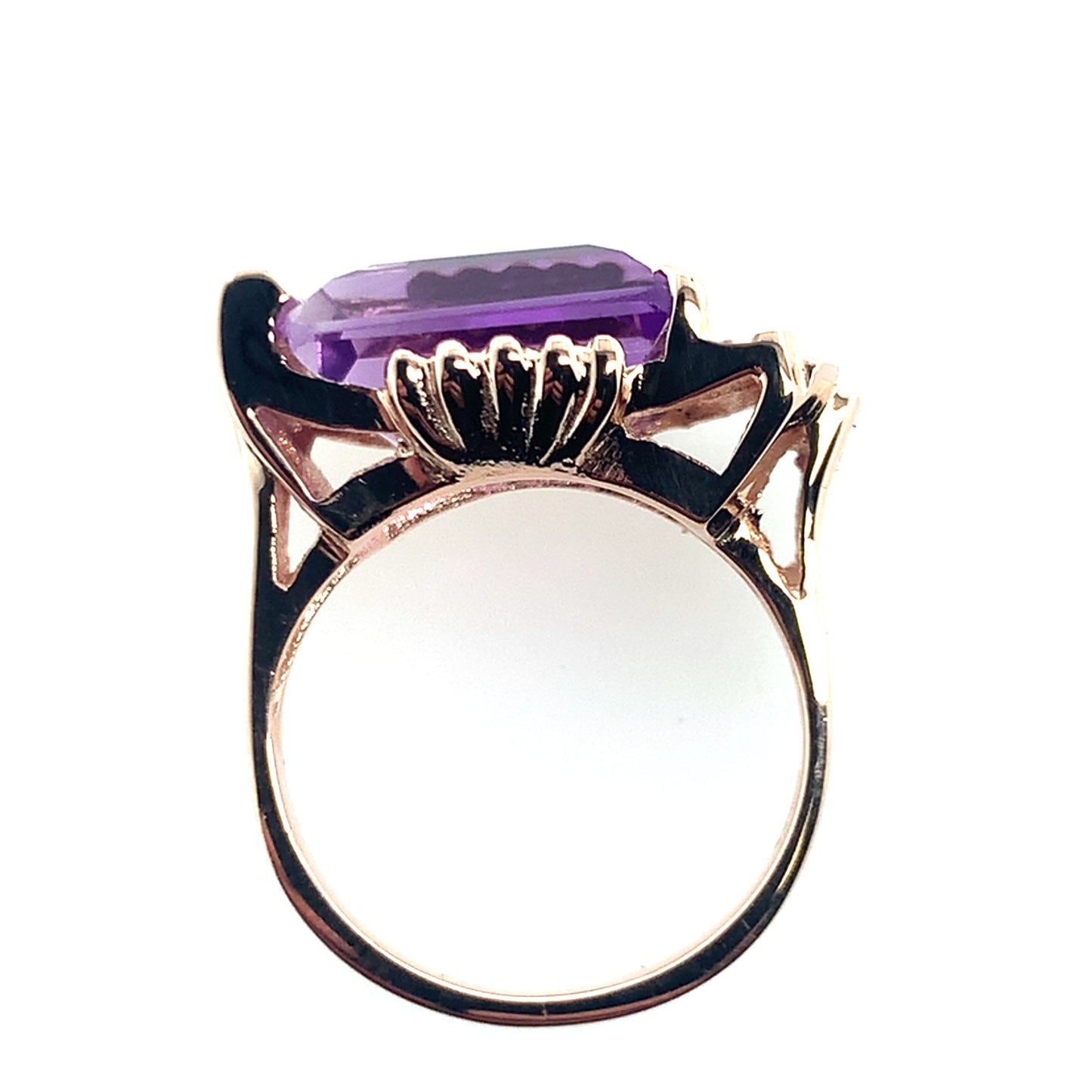 14K Rose Gold Emerald Cut Amethyst Ring With Retro Scroll Motiff Head **Final Sale No Warranty**