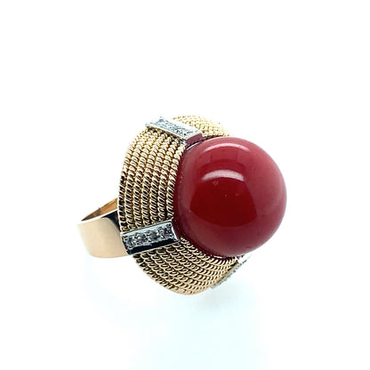 Estate 14K Yellow Gold Coral Sphere & Diamond Cocktail Ring